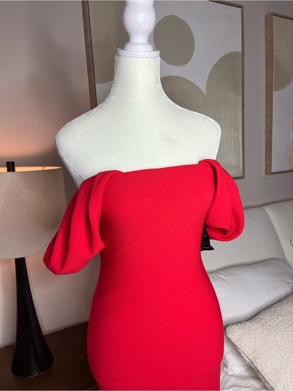 Ever New Red Off-Shoulder Midi Dress with Draped Puff Sleeves